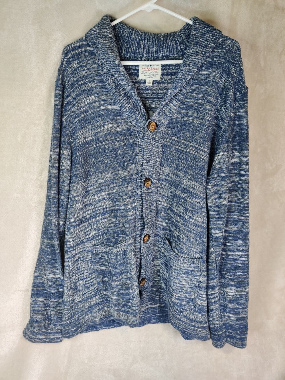 Lucky Brand Knitted Sweater Cardigan Handcrafted Button-Up Blue/White Size Large